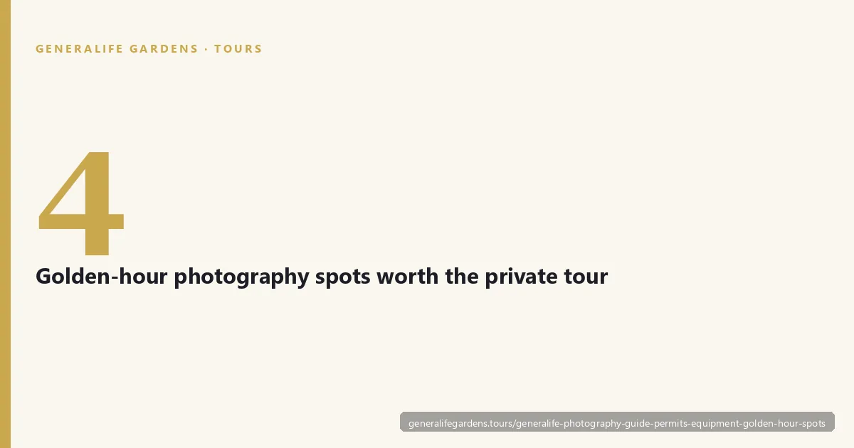 Four golden-hour photography spots at the Generalife worth the private tour premium — Patio de la Acequia, Escalera del Agua, the Albaicin overlook, and the cypress arch corridors
