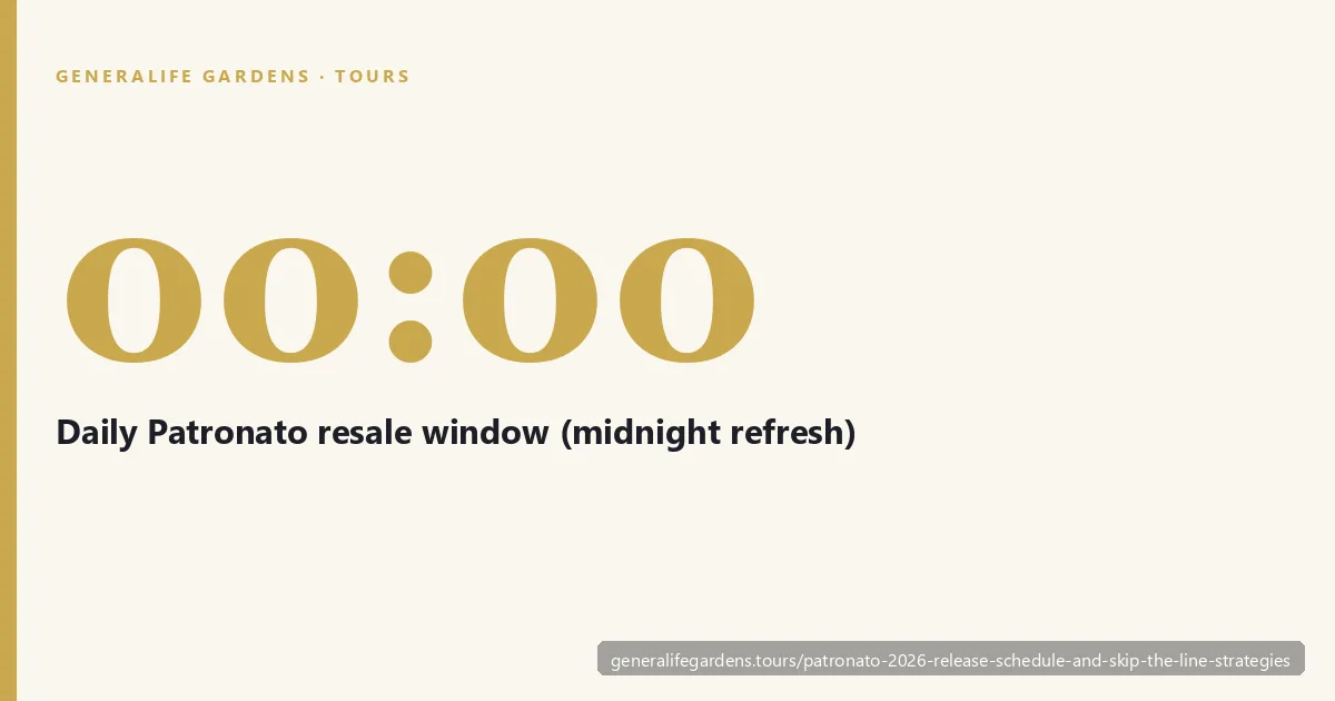 Midnight at 00:00 is when the Patronato resale window refreshes daily on a seven-day rolling cycle, with around 300 visitors per 30-minute Nasrid Palaces slot